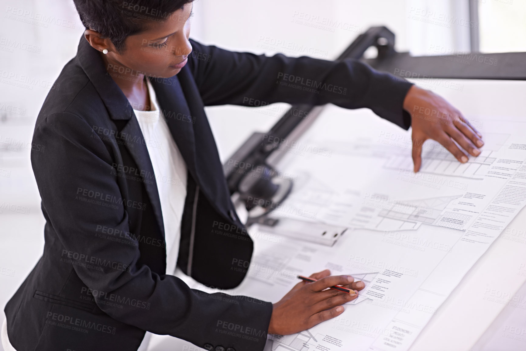 Buy stock photo Architect, civil engineering or black woman drawing on blueprint or paper model for development project. Measure, creative or female designer with ruler for sketching floor plan of office building 