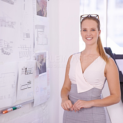 Buy stock photo Portrait, engineering or woman with blueprint on board or paper for development project planning. Confident lady, architecture or happy designer with smile for sketching floor plan of office building