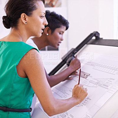 Buy stock photo Architecture, people or engineering teamwork for sketch, development project or planning on paper. Women, blueprint or group of creative designers with ideas for drawing floor plan of office building