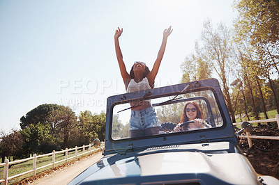 Buy stock photo Happy women, excited and travel on road trip in countryside and bonding together for adventure in nature. Friends, driving and journey in convertible suv on holiday and outdoor in summer in texas