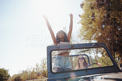 Buy stock photo Happy women, excited and travel on road trip in nature and bonding together for adventure on holiday. Friends, driving and journey in convertible van on vacation, countryside and outdoor fun in texas