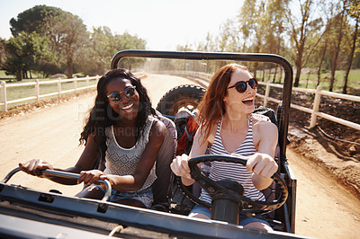 Buy stock photo Happy women, laughing and vacation with road trip in nature and funny joke for adventure in outdoor. Friends, driving or journey in convertible van on holiday, countryside or bonding together by farm