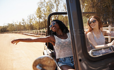 Buy stock photo Women, travel or happy on road trip in countryside, tourist or holiday adventure for leisure in nature. Ladies, driving and smile in convertible suv in summer and bonding together for tour in texas