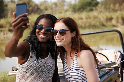 Buy stock photo Women, selfie or holiday on road trip in countryside, memory or travel adventure for social media in nature. Ladies, internet and profile picture as friends on vacation and bonding together on farm