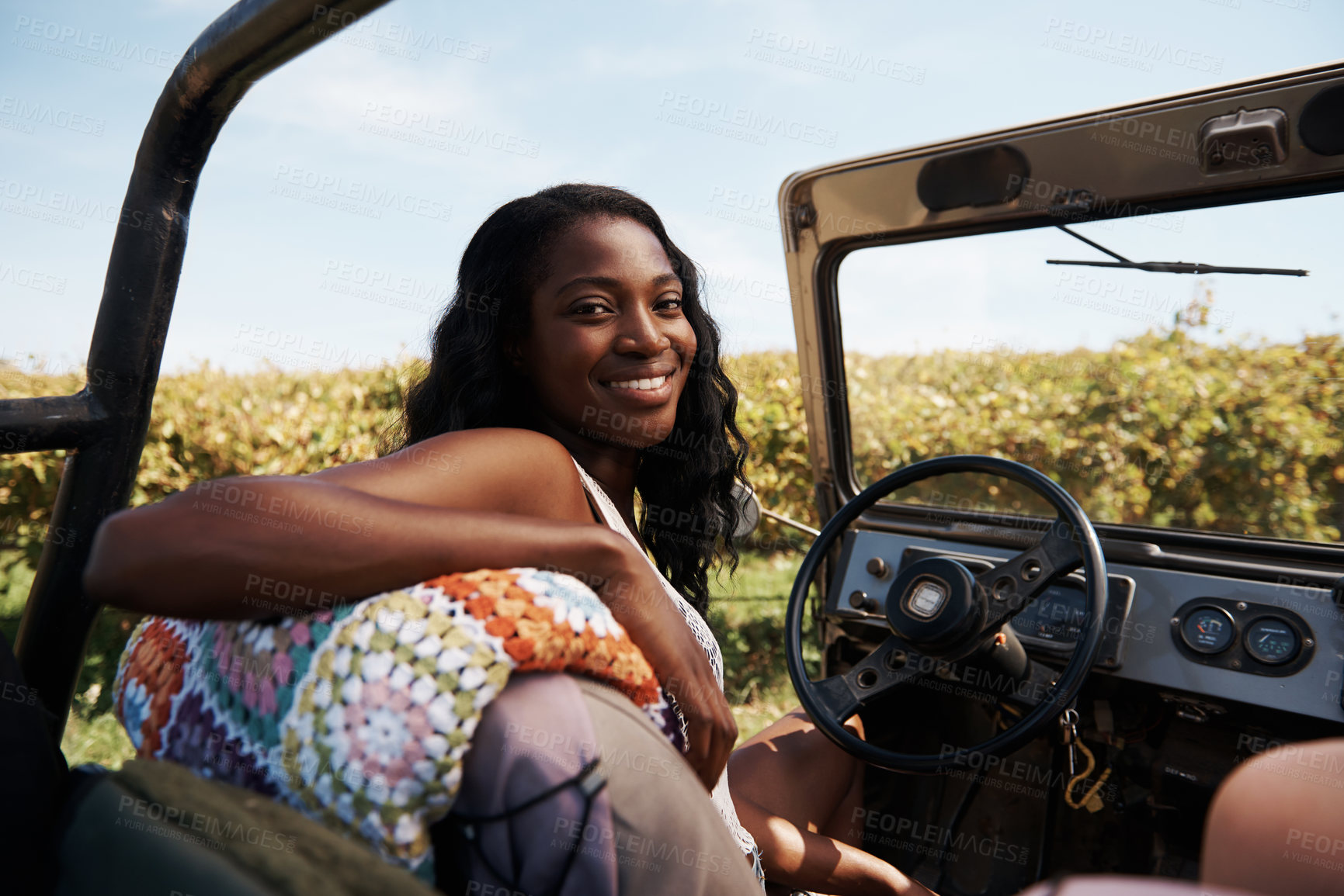 Buy stock photo Women, portrait and driver on road trip in countryside, happy and travel adventure on safari in nature. Lady, smile face and navigation in suv on summer holiday and tourist for exploration in texas