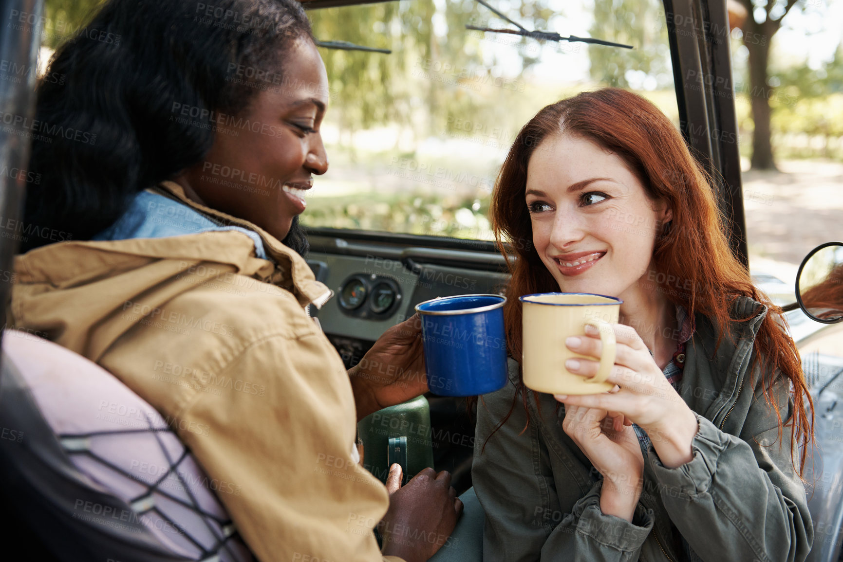 Buy stock photo Women, coffee or relax on road trip in countryside, talking or travel adventure as friends in nature. Ladies, drinking and tea in suv on summer holiday, rest and bonding together for chat in texas