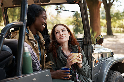 Buy stock photo Friends, coffee or relax on road trip in countryside, talk or travel adventure for leisure in nature. Ladies, drinking and tea in truck on summer holiday, rest and bonding together for chat in texas