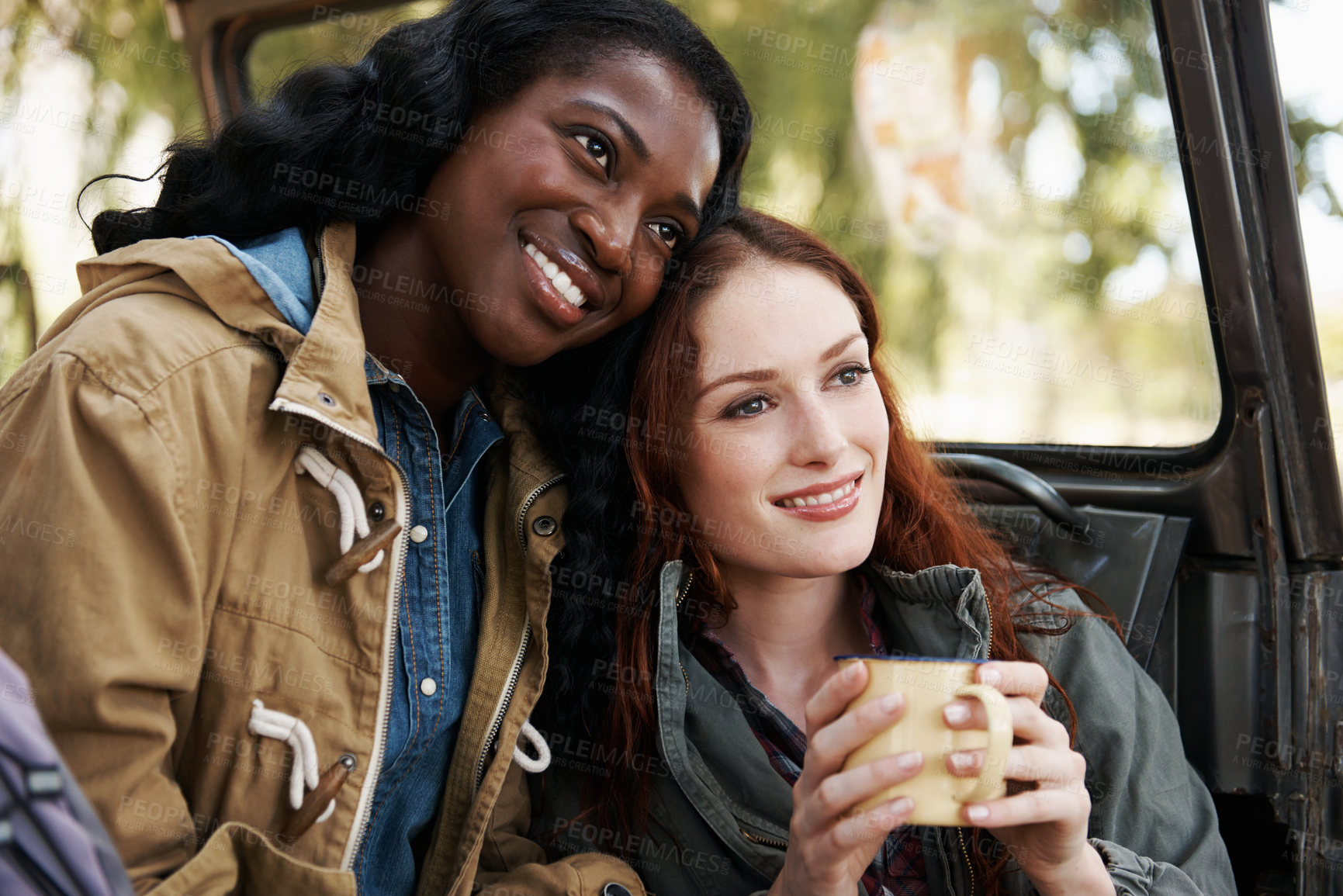 Buy stock photo Happy women, coffee or relax on road trip in nature or travel adventure for leisure in countryside. Ladies, drinking and tea in suv on summer holiday, care and bonding together for tourism in texas