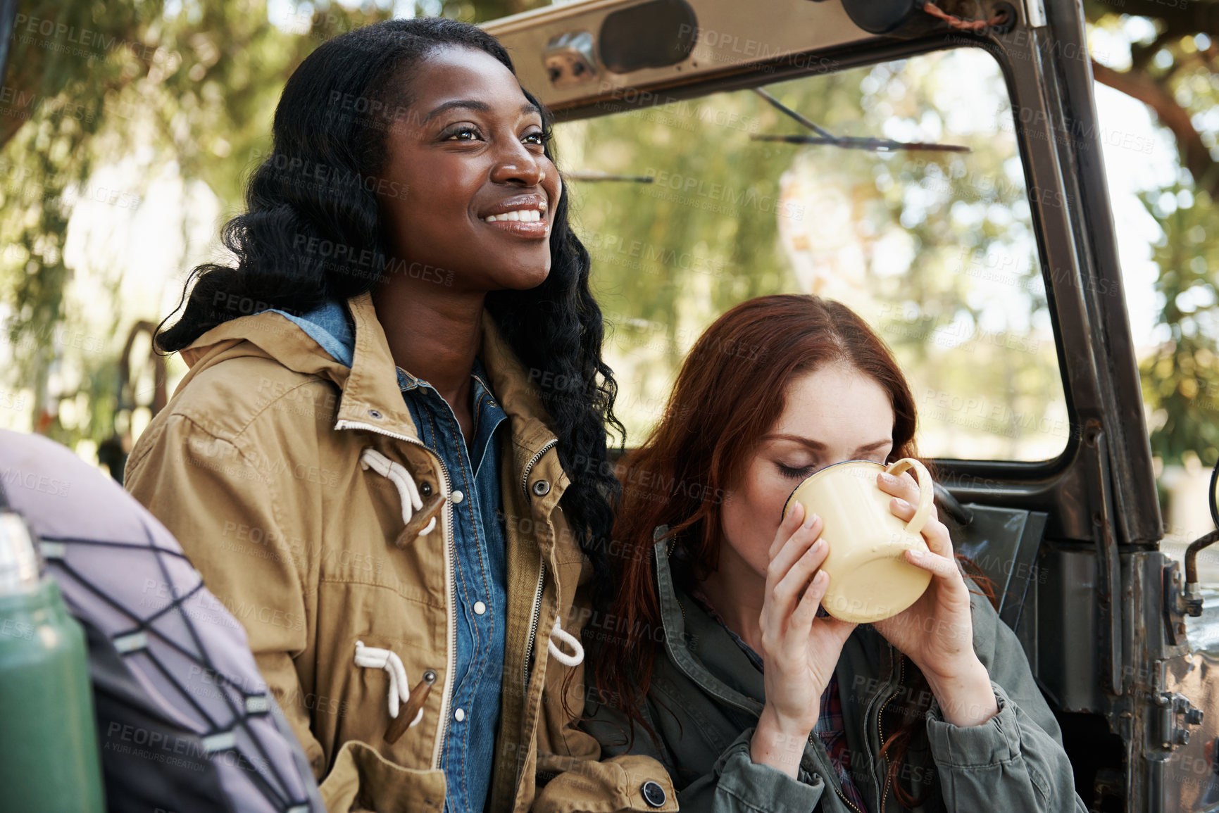 Buy stock photo Happy women, tea or relax on road trip in nature or travel adventure for leisure in countryside. Ladies, drinking and coffee in suv on summer holiday, care and bonding together for tourism in texas
