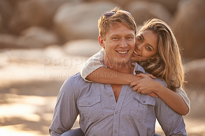 Buy stock photo Couple, portrait and hug for love in nature, connection and peace for romance in relationship. Happy people, smile and security in marriage, embrace and travel on vacation or holiday for outdoor date