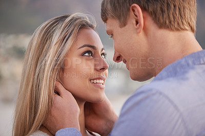 Buy stock photo Couple, affection and touch with smile in outdoor for love with romance in honeymoon and vacation in Australia. Closeup, holiday and happy with bonding for relationship, trust and support.

