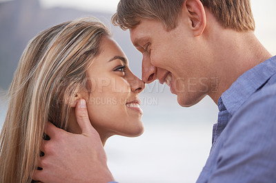 Buy stock photo Couple, nose and touch with smile in outdoor for love with romance in honeymoon, vacation and affection in Australia. Closeup, holiday and happy with bonding for relationship, support and trust
