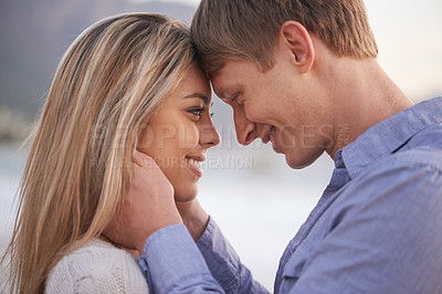 Buy stock photo Couple, forehead and touch with smile in outdoor for love with romance in honeymoon, vacation and affection in Australia. Relationship, holiday and happy with bonding for trust, support and care 

