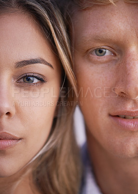 Buy stock photo Face touch, happy couple and portrait for commitment in healthy relationship, love and support in marriage. Man, woman and care in positive union with romance, closeup and bonding together for dating