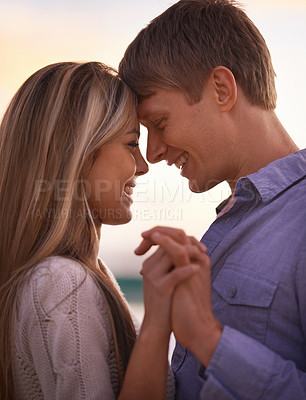 Buy stock photo Couple, outdoor and holding hands with love, date and sunshine with weekend break and vacation for honeymoon. People, smile and happiness with man and woman with spring and marriage with relationship