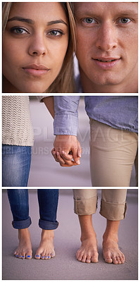 Buy stock photo Face touch, happy couple and portrait for commitment in healthy relationship, love and holding hands in travel. Man, woman and care in collage for romance, closeup and bonding on foot on beach sand