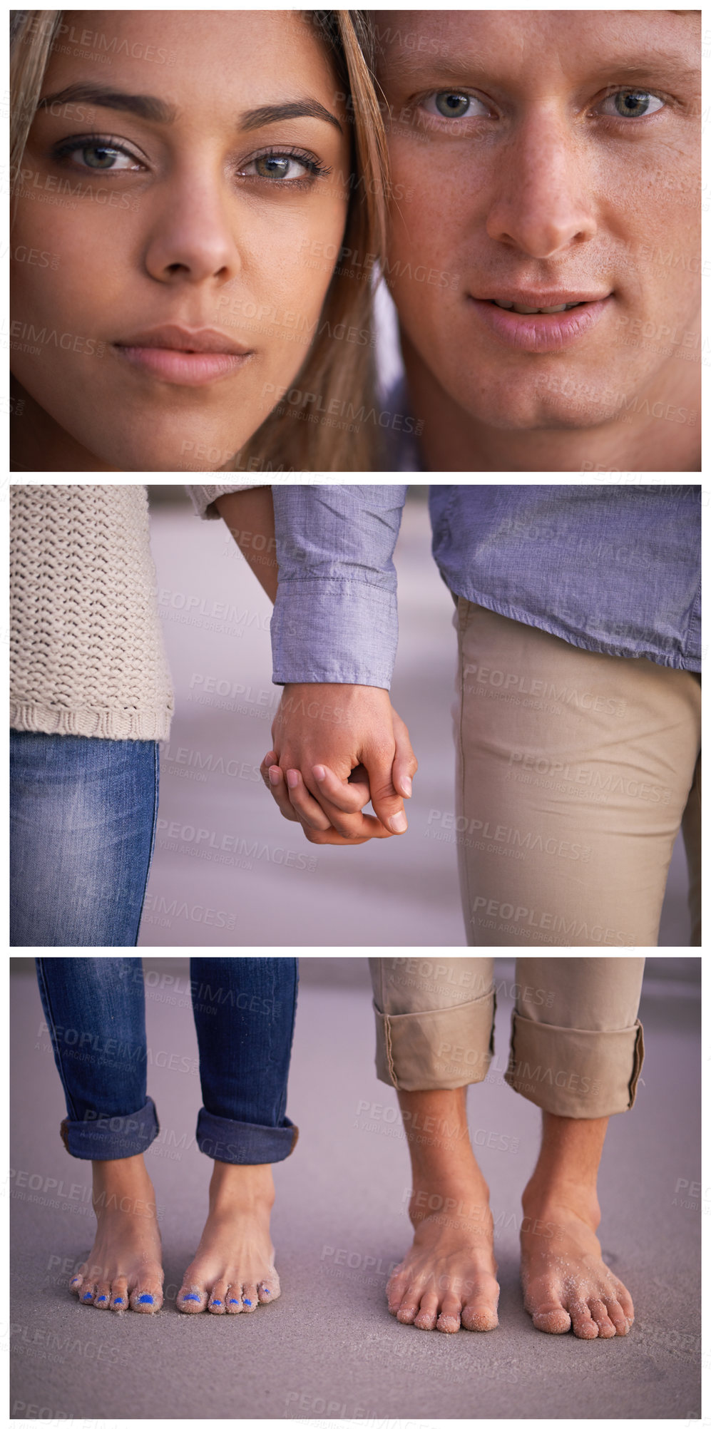 Buy stock photo Face touch, happy couple and portrait for commitment in healthy relationship, love and holding hands in travel. Man, woman and care in collage for romance, closeup and bonding on foot on beach sand