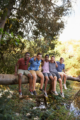 Buy stock photo Tree branch, portrait and children in nature with hug, fun or bonding with forest view, vacation or summer break. Trunk, teens or friends hanging out in park for holiday, reunion or fresh air outdoor