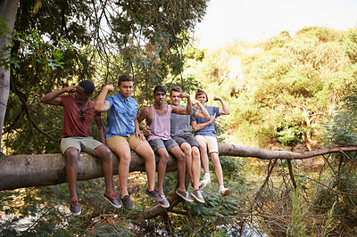 Buy stock photo Tree branch, portrait and children in nature with arm flex, fun or bonding with forest view, vacation or summer break. Trunk, teens or friends chilling in park for holiday, reunion or strong arm pose
