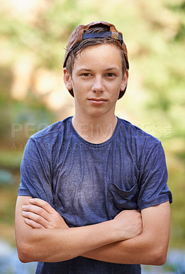Buy stock photo Portrait, fitness and boy with arms crossed in forest for running, workout or morning cardio in nature. Exercise, face and teenage runner in park for training, develop or body workout with confidence