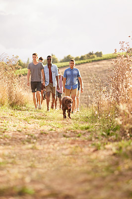 Buy stock photo Grass field, teenager and friends with a dog in nature for walking, adventure or bonding outdoor. Park, adventure and group of people in the countryside with pet for exploration, journey or vacation