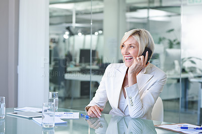 Buy stock photo Business woman, phone call and laugh in boardroom with networking and smile in an office. Mobile, professional and operations research analyst of a company with discussion at a corporate workplace 