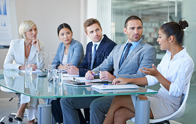Buy stock photo Business people in a meeting, collaboration and planning in conference room with diversity in corporate group. Men, women and female team leader with conversation, project strategy and teamwork