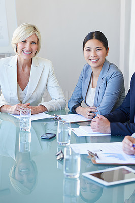 Buy stock photo Portrait, smile and business meeting for female colleagues, boardroom and desk with boss. Collaboration, teamwork and employee for corporate career with senior manager, tablet and paperwork in office
