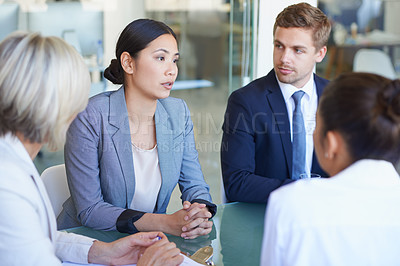 Buy stock photo Business meeting, conversation and corporate consulting with discussion for project and teamwork. Staff, working and company with planning and professional talk at a desk in a consultant office 