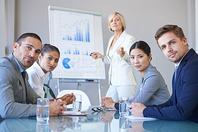 Buy stock photo Presentation, graphs on whiteboard with people and question from staff with data analytics in business meeting. 
FAQ on research in seminar in conference room with corporate team in collaboration 
