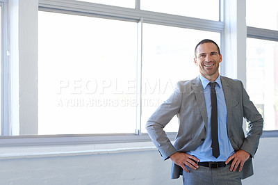 Buy stock photo Office, window and confident portrait of man in conference room for business as realtor in London. Professional, entrepreneur and expert real estate agent for development in corporate property