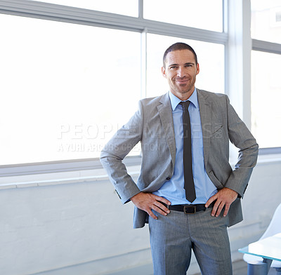Buy stock photo Office, window and confident portrait of man in conference room for business as realtor in London. Professional, entrepreneur and expert real estate agent for development in corporate property