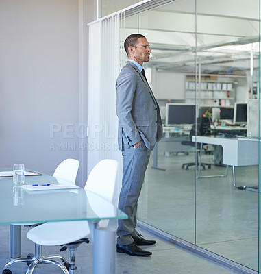 Buy stock photo Thinking, business and man at window in office planning for future decision or choice in London. Professional, entrepreneur or problem solving in conference room with expert idea or brainstorming