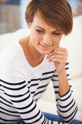 Buy stock photo Woman, home and smile with couch, thinking or planning for fashion and happiness. Person, lounge or house with idea, vision and sofa for homeowner or real estate investor with mortgage in living room