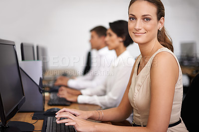 Buy stock photo Business woman, portrait and computer with team in call center for email, support or online service at office. Female person, agent or employee with smile on desktop PC with group or agency for help