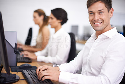 Buy stock photo Businessman, portrait and computer with team in call center for email, support or online service at office. Happy man, agent or employee consultant with smile on PC in group or agency at workplace