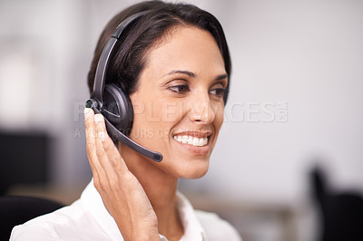 Buy stock photo Happy woman, consultant and call center with headphones for customer service or support at office. Face of female person, agent or employee with smile in online advice, mic or consulting at workplace