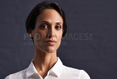 Buy stock photo Business woman, portrait and serious with confidence for career ambition on a dark studio background. Face of young female person or employee with determination or commitment for job on mockup space