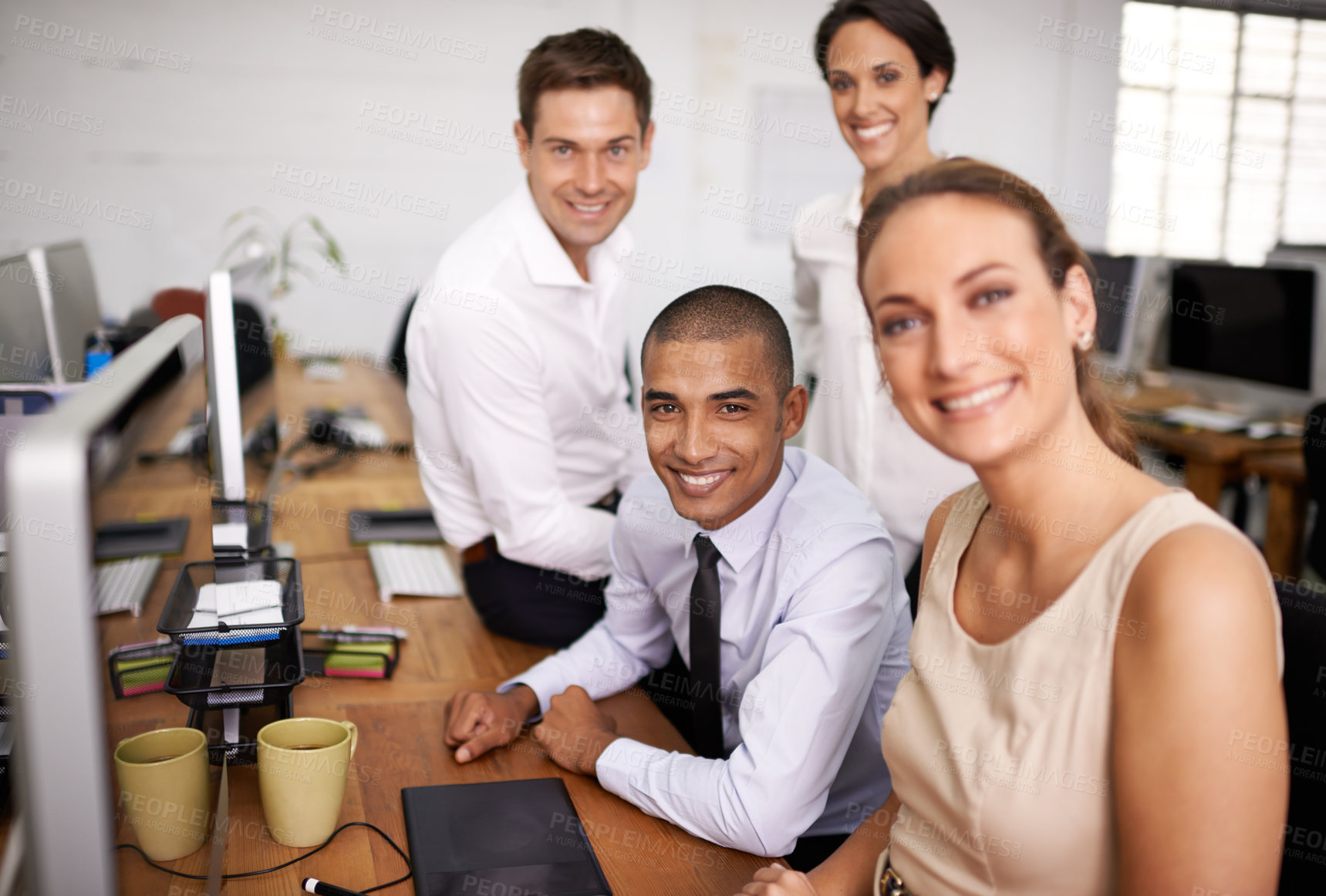 Buy stock photo Happy, portrait and business people with team in meeting on computer for planning, collaboration or startup at office. Group of creative employees with smile for project or brainstorming at workplace