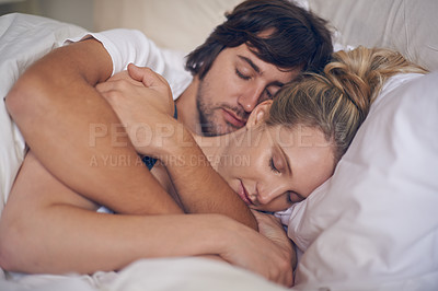 Buy stock photo Sleeping, peace and couple relax in a bed with care, support and safety, security and bonding in their home. Love, sleep and tired people embrace in a bedroom with comfort, nap or resting in a house