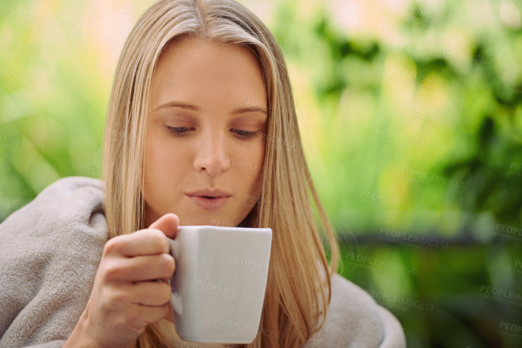 Buy stock photo Garden, relax and woman with coffee in morning with drink, caffeine beverage and cappuccino for aroma. Happy, calm and person with mug in nature or backyard for breakfast, peaceful and wellness