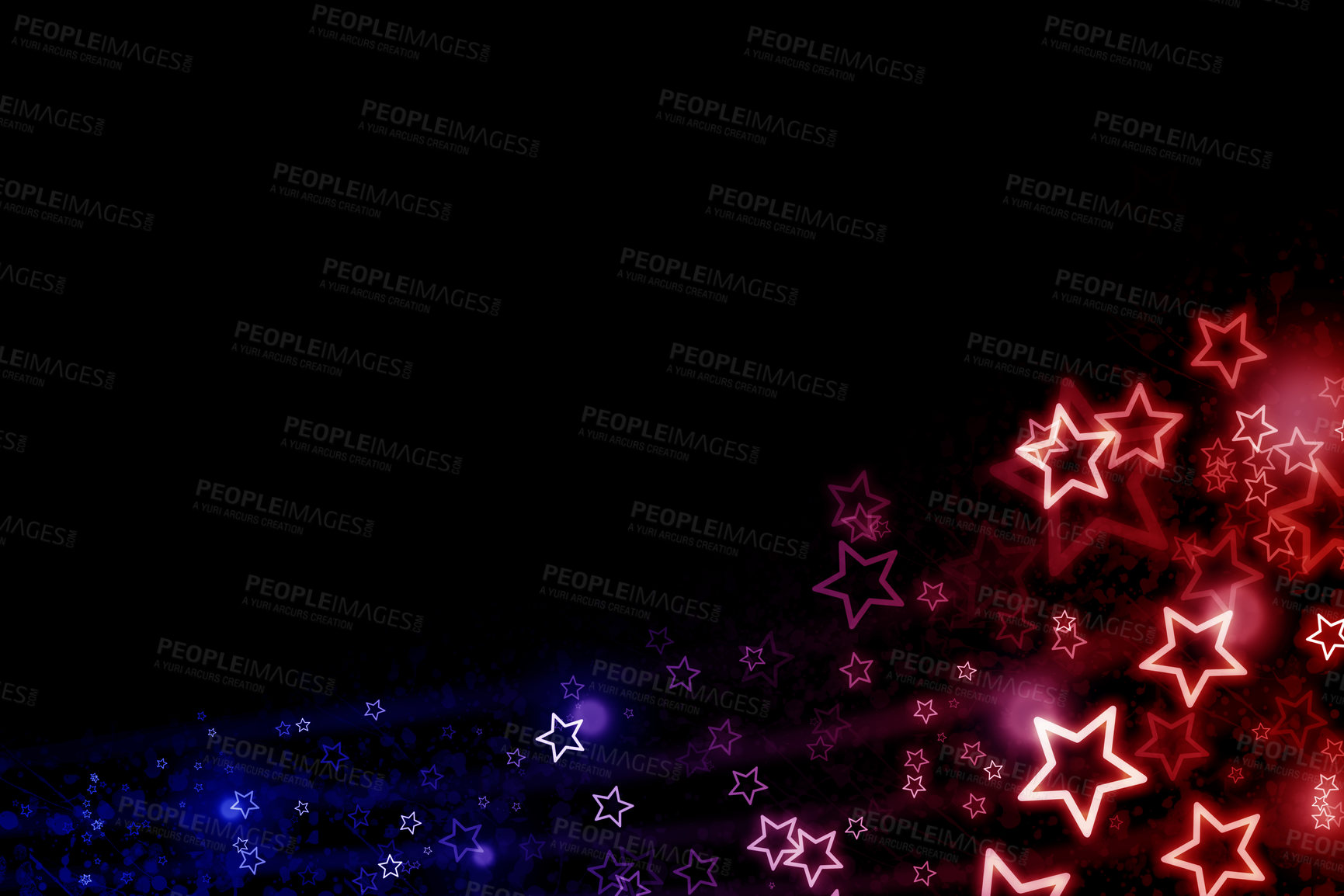 Buy stock photo Star, color and graphic with mockup space or banner of shapes, illustration or theme on dark studio background. Empty, symbol and pattern of icon for party, colorful invitation or abstract wallpaper