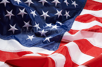 Buy stock photo US flag, stars and stripes for nation with wallpaper, graphic or background with fabric texture. Red, blue and white, pride and American history for Independence day celebration, event and patriotism