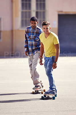 Buy stock photo Skateboard, friends and men in street for exercise, training and competition for fun hobby in city. Skate park, fashion and young people in trendy, casual outfit and style for sports and fitness