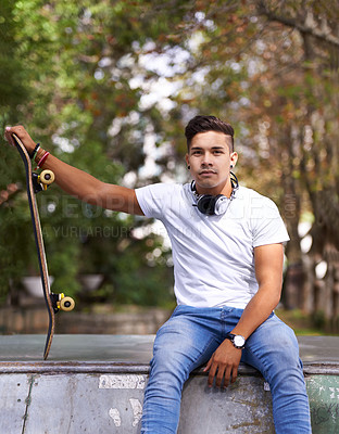 Buy stock photo Fashion, park and portrait of man with skateboard in city for exercise, training and skating in street. Skater, fitness and person in trendy, casual and street style for sports, fun hobby and relax