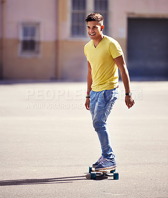Buy stock photo Skating, city and man in street with skateboard for exercise, training and competition in town. Skate park, fashion and young person in trendy, casual outfit and style for sports, hobby and fitness