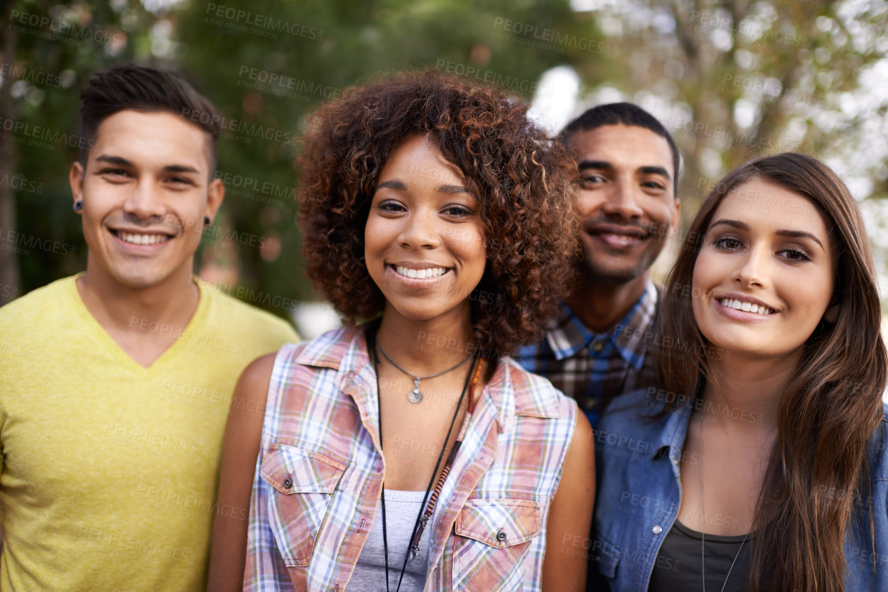 Buy stock photo Portrait, smile and group with diversity, sunshine and nature with weekend break, friends and reunion. Happiness, people and men with women and outdoor with summer and cheerful with fun and support