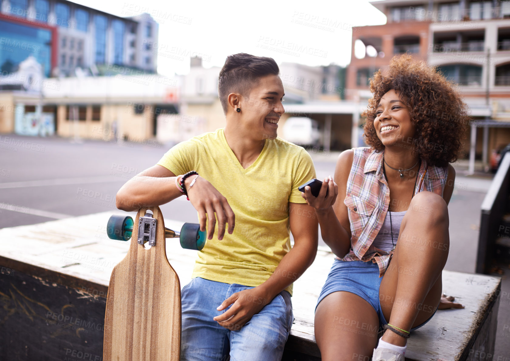 Buy stock photo Skating, city and couple in street with skateboard for exercise, training and competition in town. Skate park, fashion and man and woman with phone in street style for sports, hobby and fitness