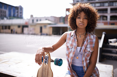 Buy stock photo Fashion, city and portrait of black woman with skateboard for exercise, training and skating in park. Skater, fitness and person in trendy, casual and street style for sports, fun hobby and relax