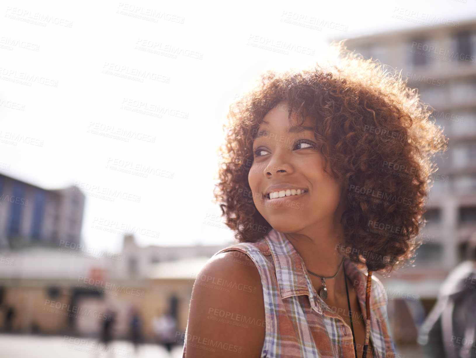 Buy stock photo Thinking, smile and black woman in city for fun, sunshine and weekend break in Amsterdam. Afro, confidence and young female person in downtown for happiness, explore and fresh air in outdoor
